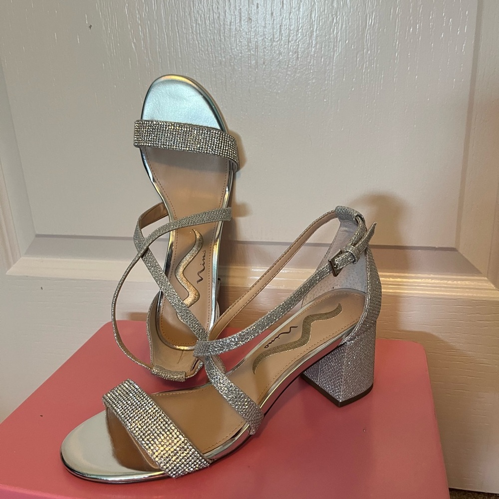Dazzling Silver Block Heel Sandals (never worn)
